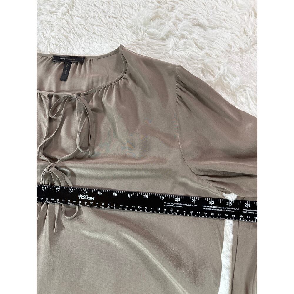 BCBG Max Azria Evana Silk‎ Blouse Womens Tie Front Long Sleeve Green Top L - Picture 8 of 9